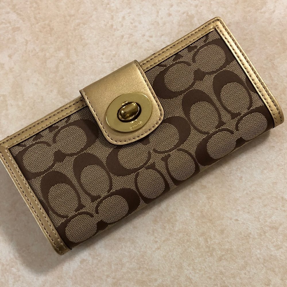 Coach Brown Signature Canvas Wallet with Gold Trim